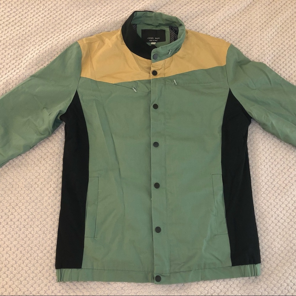 Jiang Wen Color Block Green/Black/Tan Full Zip Button Snap Casual Style Jacket